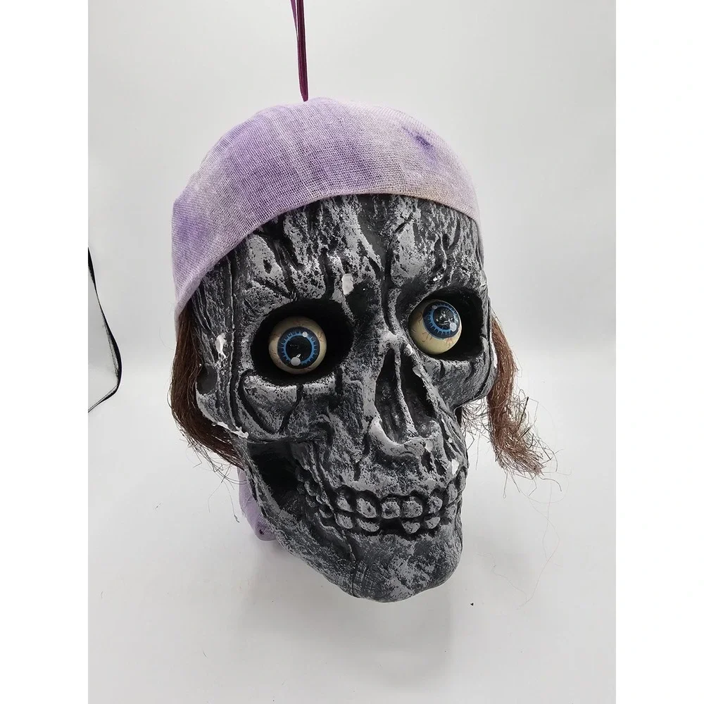 Vintage Hanging Skull Styrofoam Pirate Purple Cap Bulging‎ Eyes Halloween Prop